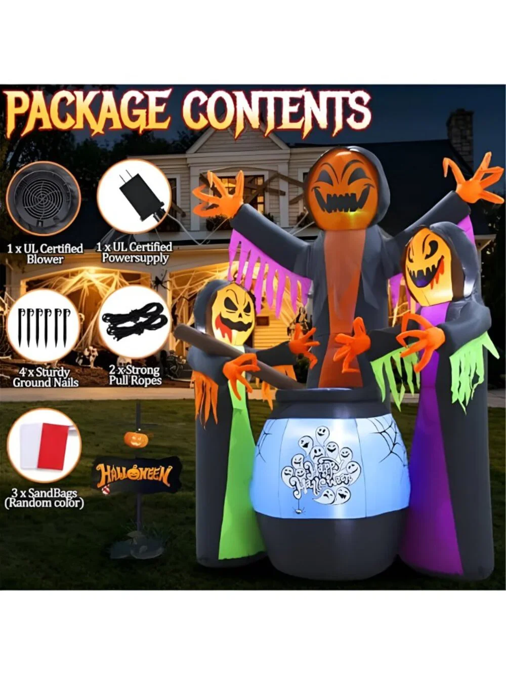 8FT Halloween Inflatables Three Witch Around Cauldron with Light Yard Decor
